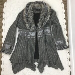 Nicole Sabbattini Faux Fur Wool Blend Asymmetrical Knit sweater Cardigan M